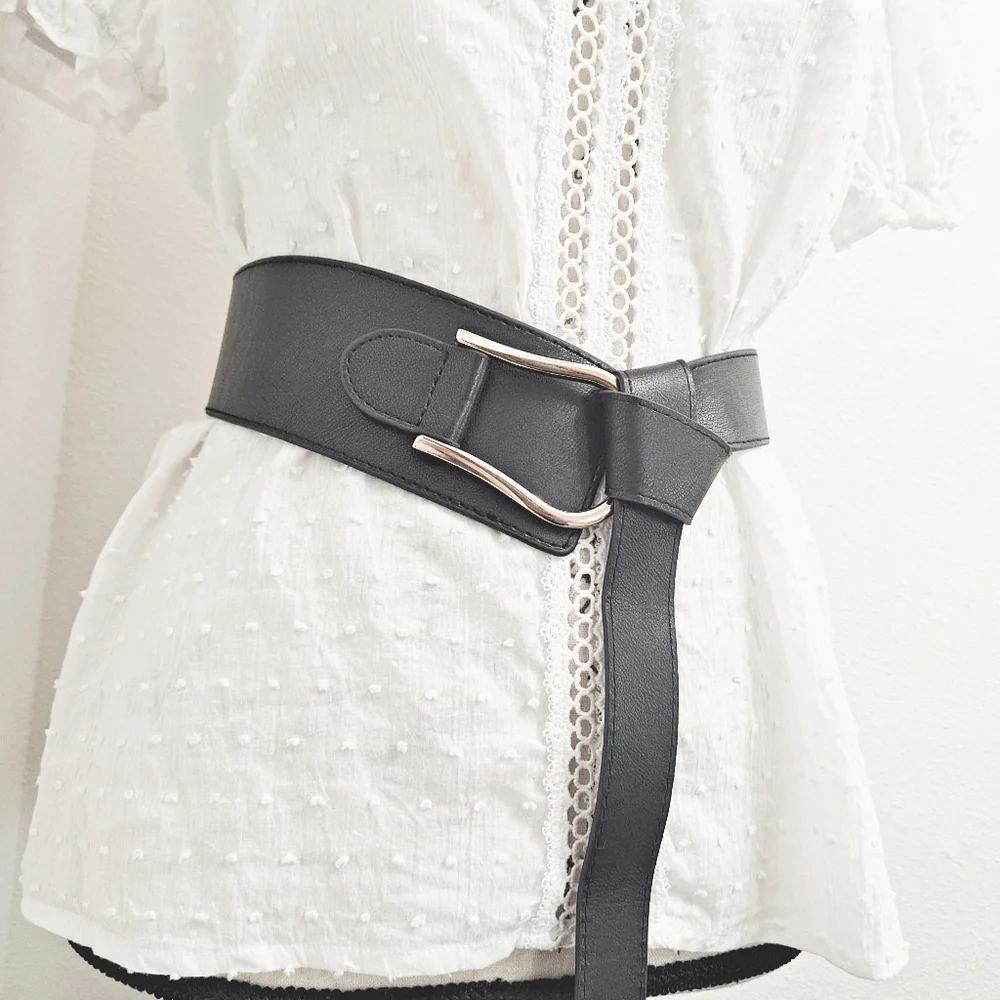 Black Faux Leather Corset Wrap Wide Waist belt Boho Asymmetrical Gold Buckle